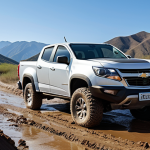 **

Prompt: A rugged Chevrolet Colorado pickup truck traversing a muddy off-road trail, mountains in the background, under a clear blue sky. Focus on the truck's powerful stance and off-road capabilities. Simplified Chinese characters reading "硬派风范" (roughly translates to "Tough Style") subtly overlaid on the image.

**