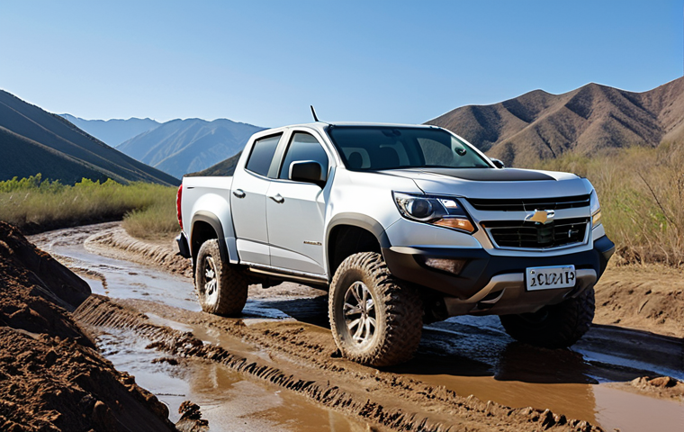 **

Prompt: A rugged Chevrolet Colorado pickup truck traversing a muddy off-road trail, mountains in the background, under a clear blue sky. Focus on the truck's powerful stance and off-road capabilities. Simplified Chinese characters reading "硬派风范" (roughly translates to "Tough Style") subtly overlaid on the image.

**